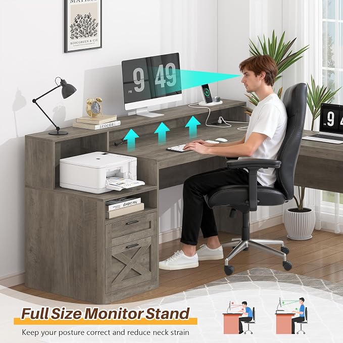 63" Farmhouse L Shaped Desk with Drawers & Storage Shelves for Home Office | Corner Desk with Power Outlets & LED Lights, L-Shaped Office Desks with File Drawer, Printer Shelf, Monitor Stand, Grey