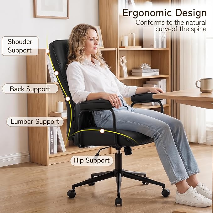 Leather Office Chair, Comfy Home Office Desk Chair, Mid Century Modern Office Chair with Lumbar Support, Mid-Back Adjustable Swivel Computer Chair with Wheels and Arms, Black
