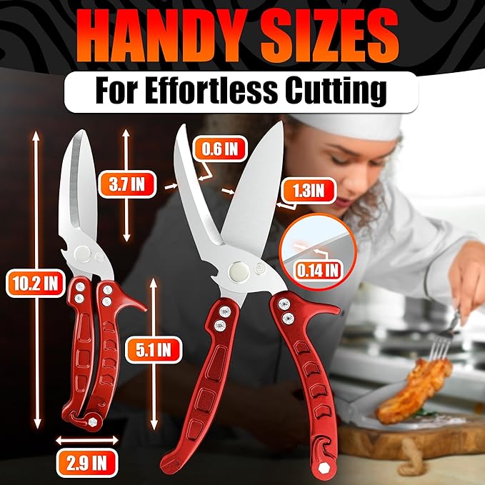 4-in-1 Kitchen Shears Heavy Duty – Sharp Seafood, Poultry Shears & Chicken Scissors with Non-Slip Metal Handle & Micro-Serrated Blades for Meat – Spring-Loaded Bone Cutting Scissors with Safety Lock