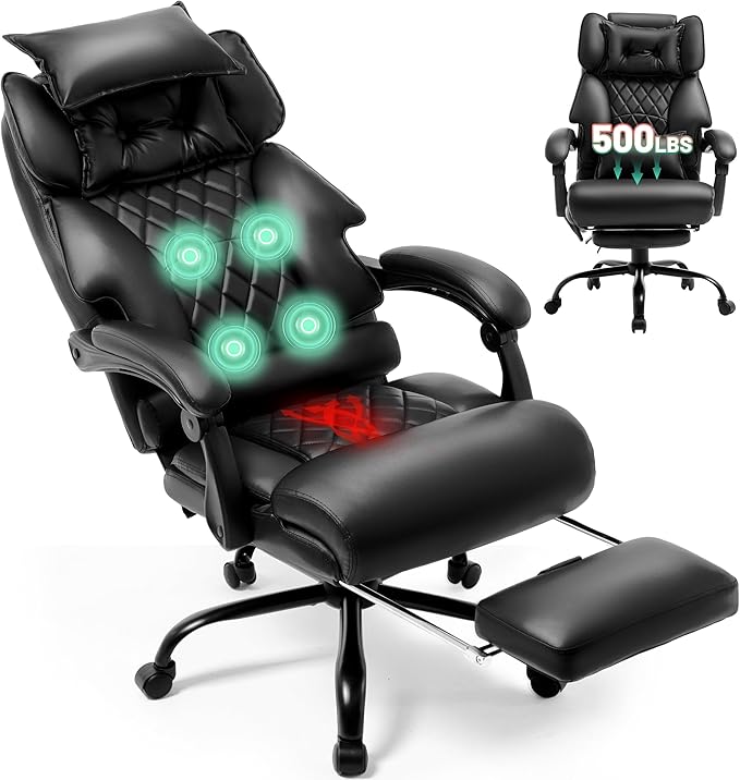 Office Chair with Foot Rest,3D Kneading Massage & Heat Executive Office Chairs for Heavy People,500LBS Big and Tall Office Chair,Ergonomic Reclining Desk Chair,Dual-Use Pillow,Home Office,Black