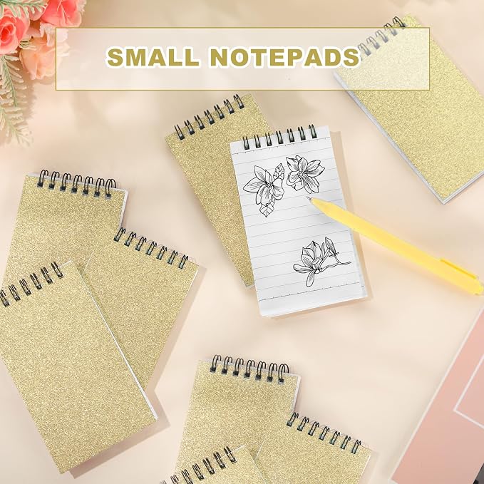 Tenceur 6 Pcs Pocket Notebook Small 3x5 Inch Spiral Notepads Mini Top Bound Notebook with Lined 120 Pages Ruled Memo Pads for Office College Nurse Essentials Back to School Gift (Glitter Gold)