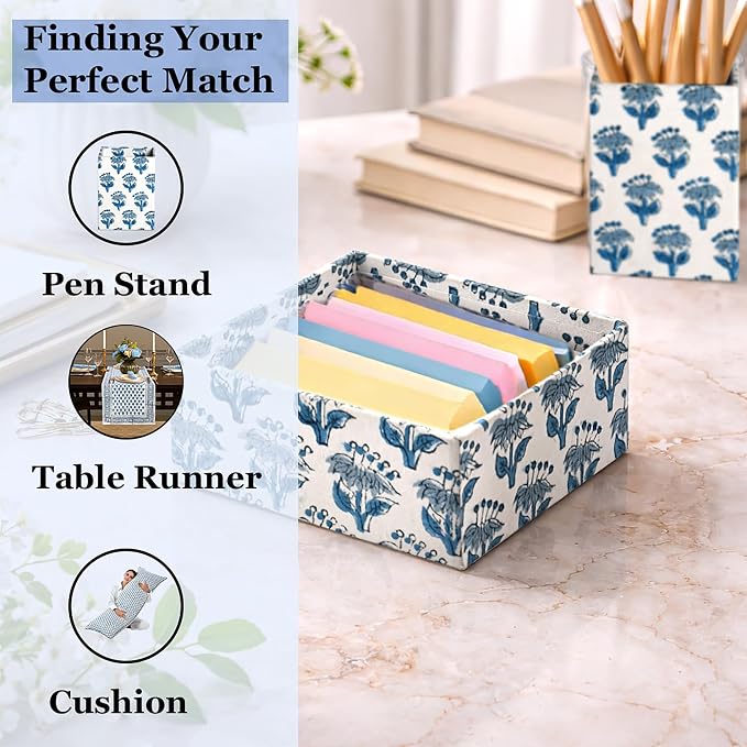 CPC Apatite Blue Block Print Desk Organizer Memo Note Pad Holder | Cute, Aesthetic, Decor Accessories, Workspace Organizers, Caddy Storage, Gift for Office, Professionals, Student
