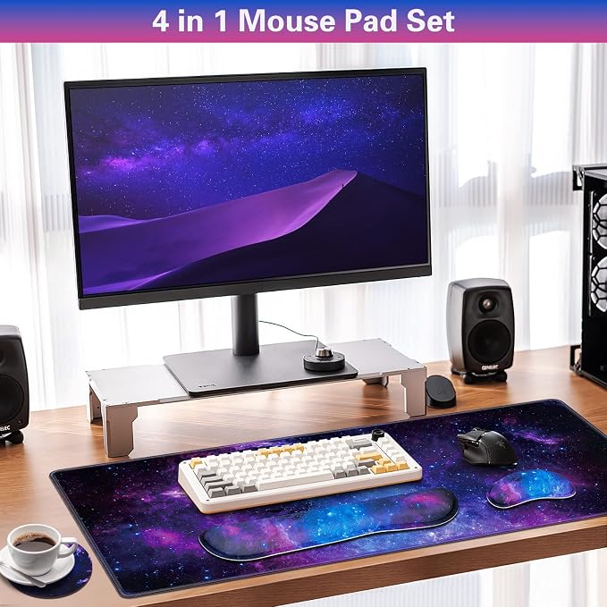 Canjoy Desk Mat with Wrist Rest, Keyboard and Mouse Pad Wrist Support Pad ﻿ | 4-in-1 Big Large Mouse Pad(35.4×15.7in) + Keyboard Wrist Rest + Coaster, Galaxy Keyboard Mat Computer Desk Pad Memory Foam