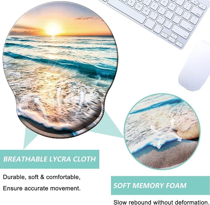 Mouse Pad with Wrist Support, Ergonomic Mouse Pad with Memory Foam Wrist Rest Cushion, Non-Slip Rubber Base Gaming Mice Pad for Home Office Computer Laptop, Beach