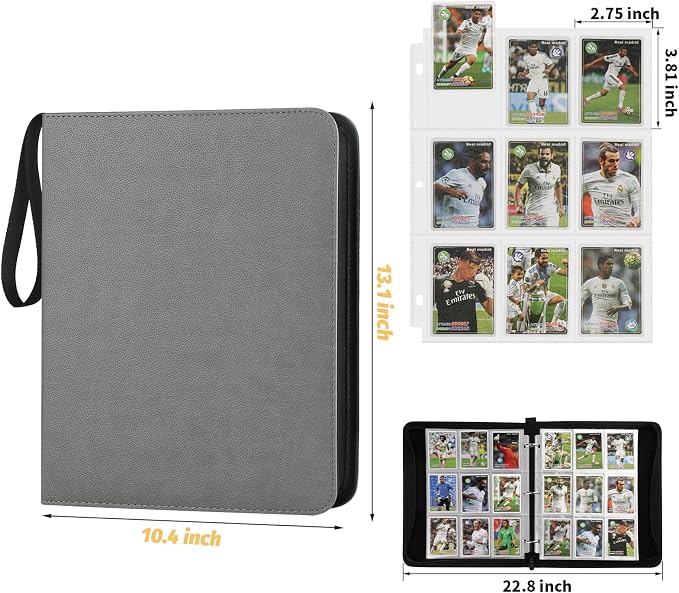 GERMUN 3 Ring 9 Pocket Zipper Card Binder, 720 Double Sided Standard PU Trading Card Album Folder for TCG & Sports Cards, Not Fit Top Loaders (dark grey)