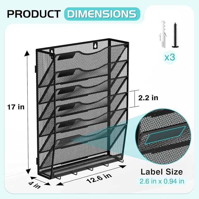 Gawerk 7-Tier Wall File Organizer Hanging Wall File Holder Wall Mount Paper Folder Organize, Mesh Magazine Document Mail Organizer for Office School Home, Black