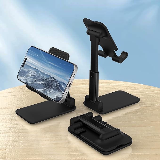 Cell Phone Stand, Adjustable Angle and Height Cell Phone Holder for Desk, Foldable and Portable, Anti-Slip Silicone Pad, Compatible with All Mobile Phones and 4-8 Inch Devices, Black