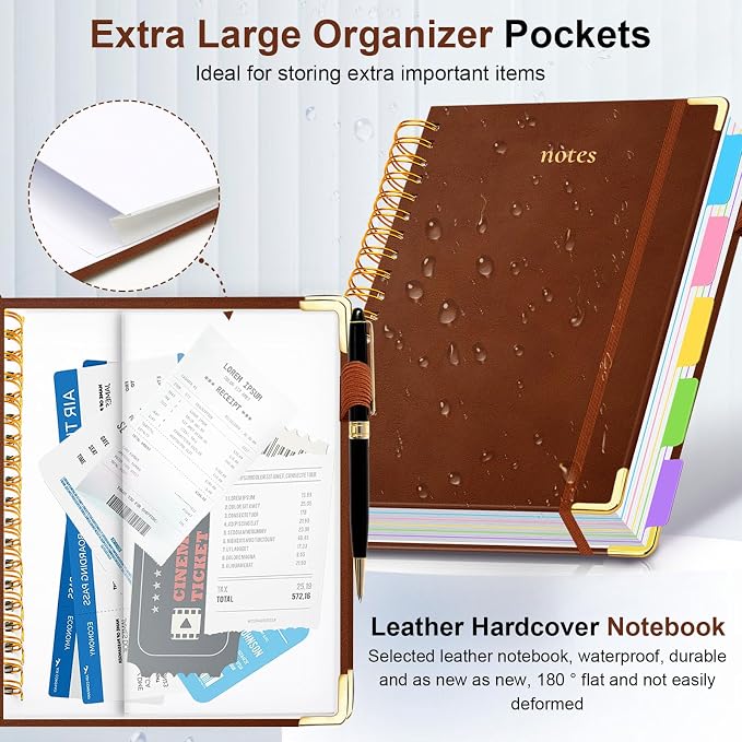 Hardcover Spiral Notebook 8"x10" Journal Notebook with Tabs and Removable Dividers 300 Pages 5 Subject Notebook College Ruled, Faux Leather Spiral Bound Notebook for Women School Work (Brown)