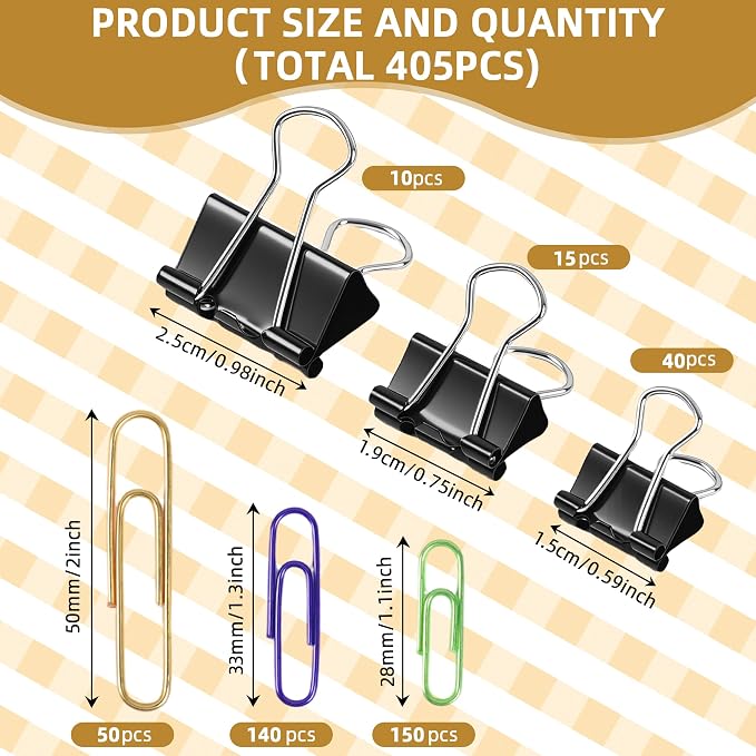 Colored Paper Clips and Black Binder Clips for Office Home School Supplies | 405PCS,Assorted Sizes,Keeps Organized