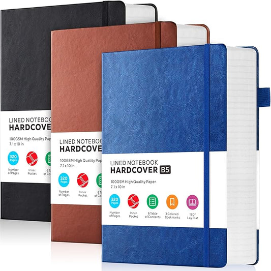 3 Pack Leather Notebooks Journals, Bulk Lined Notebook Journals Set for Women Men Writing, 320 Pages Hardcover B5 College Ruled Notebook Journal Notepad for School Office, Black Blue Brown