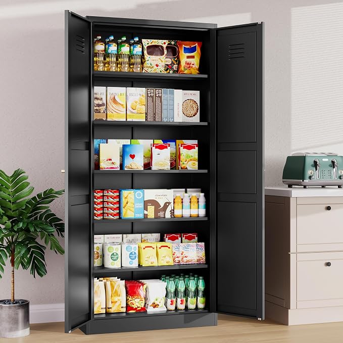 Black Storage Cabinet,71" Tall Pantry Cabinet,Kitchen Pantry Storage Cabinets with 2 Doors and 5 Shelves,Wide Deep Metal Food Cupboard for Home,Kitchen,Dining/Living Room
