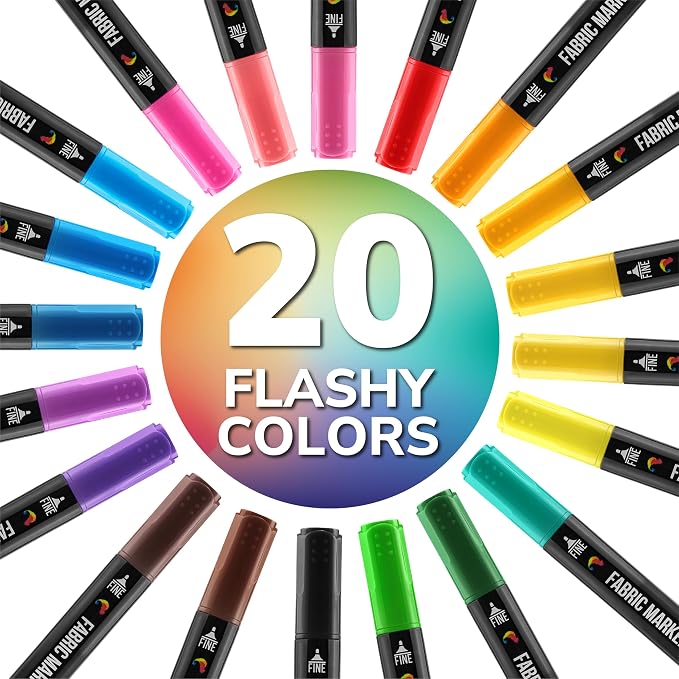 Zenacolor 20 Fabric Markers with Dual Tips - Vibrant Colors Fabric Markers Permanent for Clothes - Fine and Chisel Point Fabric Paint