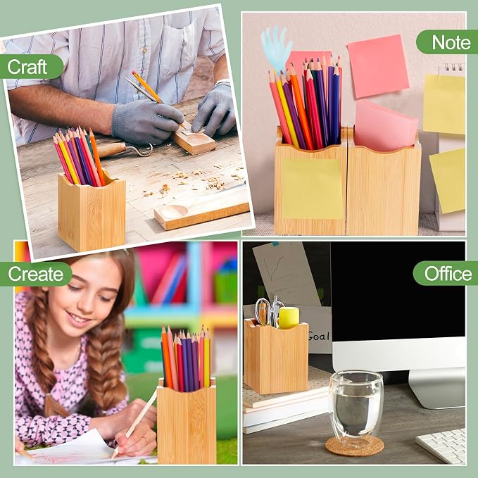 2 Pcs Bamboo Wood Pen Pencil Holder Square Pencil Cup Stand Makeup Organizer for Pen Holder Desk Home Office Adults(Bamboo Wood, Wavy)