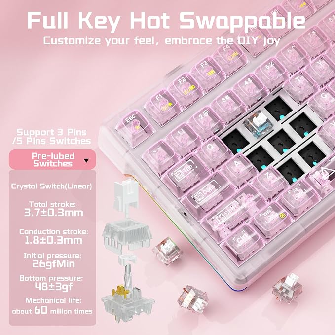 Aula F98Pro V3 Wireless Mechanical Gaming Clear Keyboard with Screen & Knob | Triple-Mode Hot Swappable, Gasket Mount Linear Switches, Clear Keycaps RGB Backlit, TFT Screen 10000mAh Battery for PC/Office