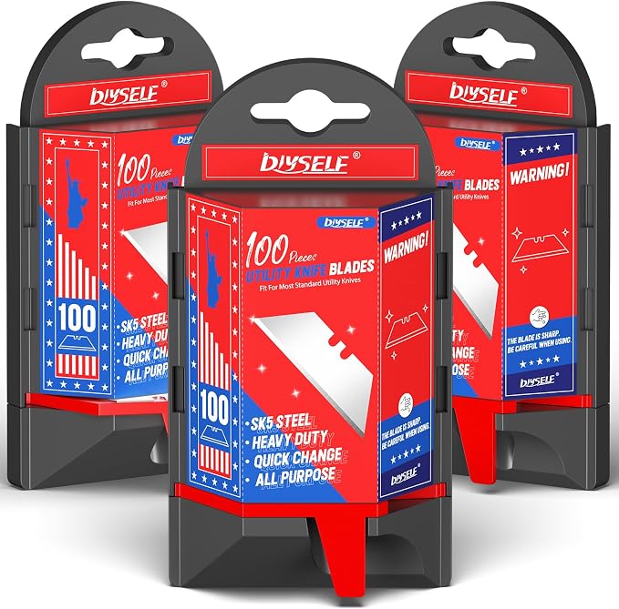 DIYSELF 300 Pack Utility Knife Blades, SK5 Box Cutter Blades with Dispenser | Heavy-Duty Utility Knife Blades Refills for Cardboard, Carpet and Leather, Razor Knife Blades for Vinyl, Rope and Packages