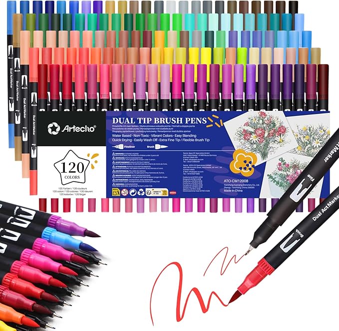 Artecho 120 Colors Markers for Adult Coloring Books, Dual Tip Markers for School, Fine and Brush Tip for Adults Coloring Books, Calligraphy, Drawing, Sketching