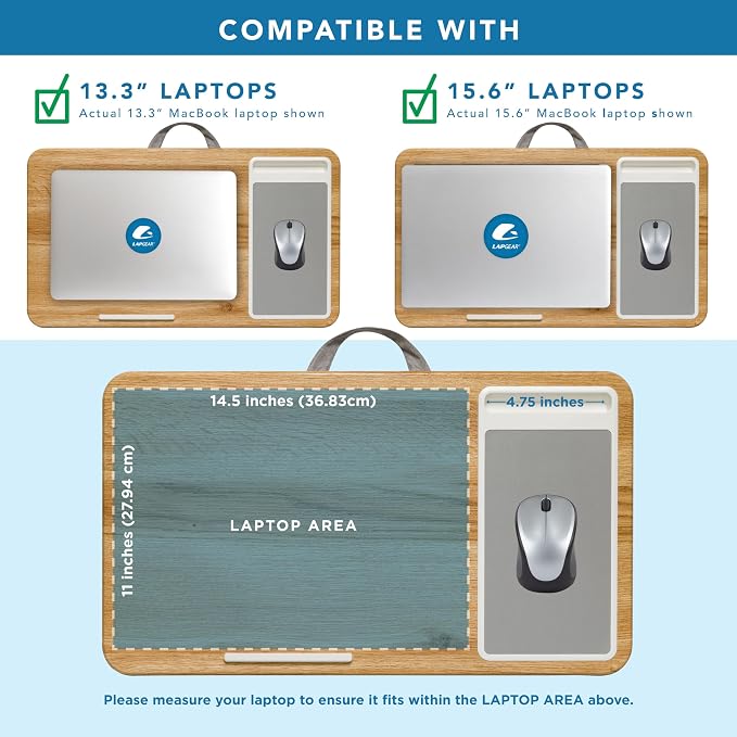 LAPGEAR Home Office Lap Desk – Oak Woodgrain, Fits 15.6” Laptops | Built-In Mouse Pad & Phone Slot, Integrated Device Ledge, Dual-Bolster Microbead Cushion, Carry Handle
