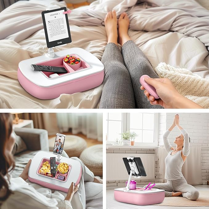 Tablet Pillow Stand for Lap Use with Snack Bowl and 360° Rotating Arm, Adjustable iPad Holder for Bed, Couch, and Recliner, Compatible with 4.7"-13" Kindle, iPad, Tablet, Phone,Pink