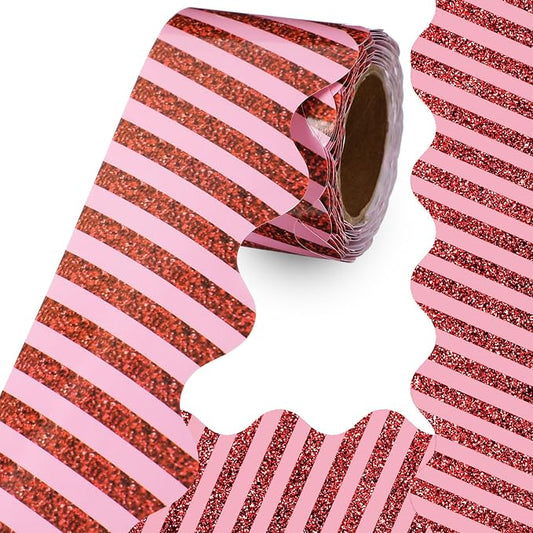32.8 Ft Red Glitter Bulletin Board Borders, Pink Striped Scalloped | Scalloped Trim for Bulletin Board, Spanish Fiesta Classroom, Valentine Party Decor, Pink Red Glitter Striped Pattern