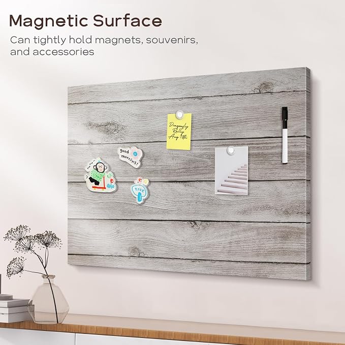 Decorative Magnetic Board for Wall, 24''x18'' Dry Erase Board, Gray Wood | Magnet Board, Display Board, Wall Mounted, for Home, Office, Kitchen, 2 Markers, 6 Magnets