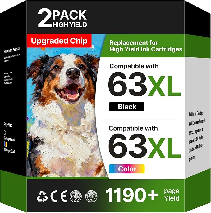 63XL Ink Cartridges Black and Color Compatible for HP Ink 63, High Yield for HP 63XL Ink Cartridge Combo Pack Work for OfficeJet 3830 4650 5255 5258 Envy 4520 4512 DeskJet 3630 1112 (1 Black,1 Color)