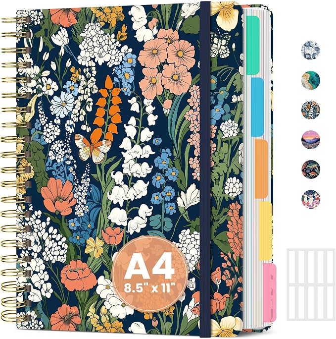 Large Spiral Notebook for Work, 8.5" x 11" Journal for Women, Cute 5 Subject Notebook with Removable Dividers & Tabs, College Ruled Lined Journal for Office and School, 280 Pages, Botanical Tapestry