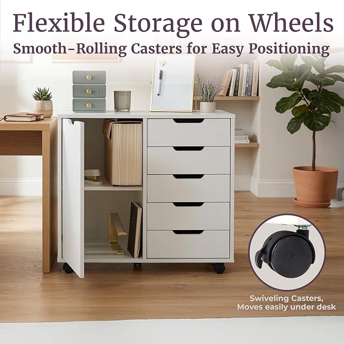 5 Drawer Office Storage Cabinet - Wooden Lateral File Cabinet with 5 Drawers, Door, and Adjustable Shelves - Rolling Printer Stand for Home Office Organization and Storage by Lavish Home (White)
