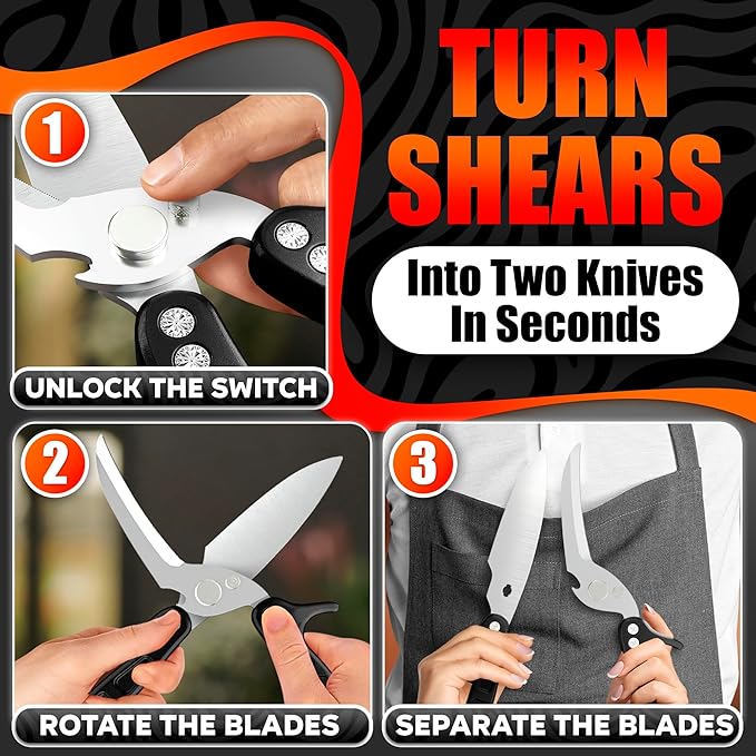 4-in-1 Multi-Use Heavy Duty Poultry Shears – Sharp Seafood, Fish, Turkey & Chicken Shears with Non-Slip Metal Handle & Micro-Serrated Blades – Spring-Loaded, Safety Lock Bone Scissors (Black)