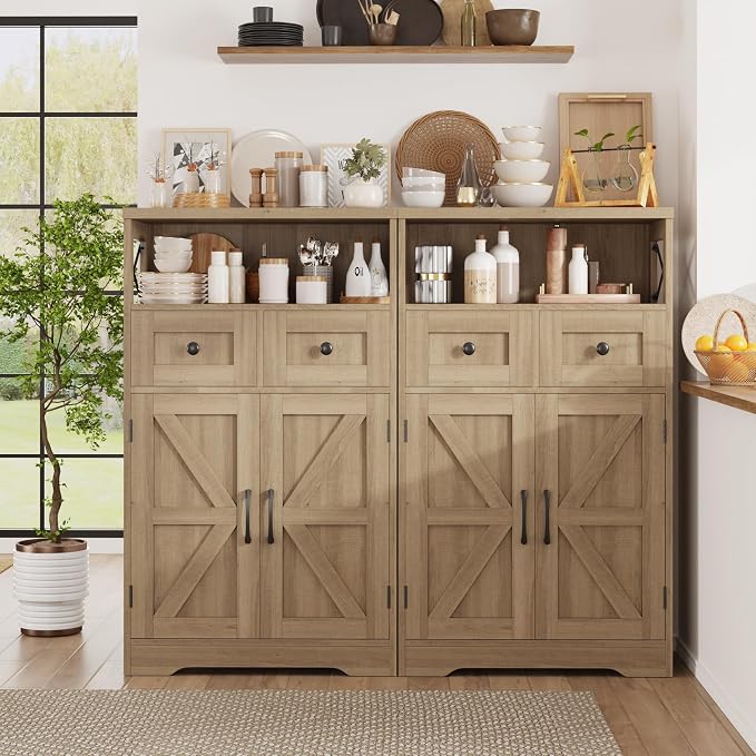 Farmhouse Storage Cabinet Set of 2, Small Kitchen Pantry Coffee Bar Cabinet | Accent Buffet Cabinet Cupboard, 2 Drawers, Barn Doors & Adjustable Shelves, for Kitchen/Entryway/Bathroom, Natural Wood