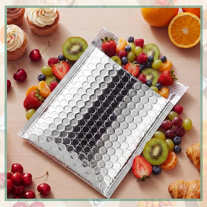 50 Pack 6 x 7 Inch Insulated Bubble Mailers, Silver | Self Seal Closure, Foil Lined Interior, Padded Cushioning, Waterproof, Cold Delivery Packing, for Food and Cosmetics