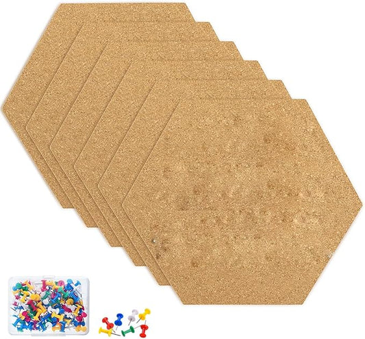 TUPARKA 6 Pack Cork Board Hexagon Bulletin Boards Cork Tiles 8.2"x7" - 1/4" Self-Adhesive Corkboards with 50 Push Pins Mini Wall for Wall Home School Office Decorative