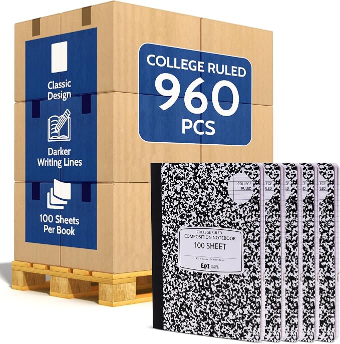 960 Pack (Pallet) EPI College Ruled Composition Notebook Bulk, 200 pages (100 Sheets), 9-3/4 x 7-1/2, Black Marble, Bulk School Supplies, Heavy Duty, Durable Office Notebooks, Sturdy Sewn Binding