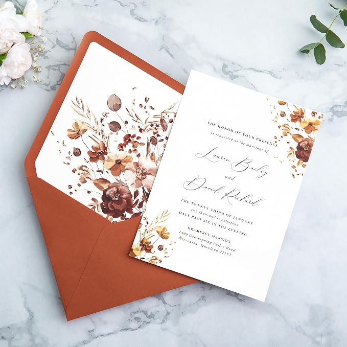 PONATIA 50PCS A7 Euro Flap Envelopes, Burnt Orange Liner Envelope, Perfect 5x7 Envelopes for Wedding Invitation Cards, Christmas Gift Cards Envelope, Acrylic Invitations, Photos