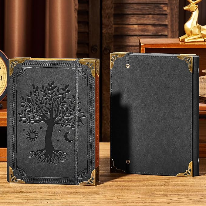 PU Leather A5 Binder 6 Ring Refillable Journal Cover No Refill Paper A5 Planner Binder Loose Leaf Binder for Notebook 5.7”x8.3” with Elastic Closure, Black Tree