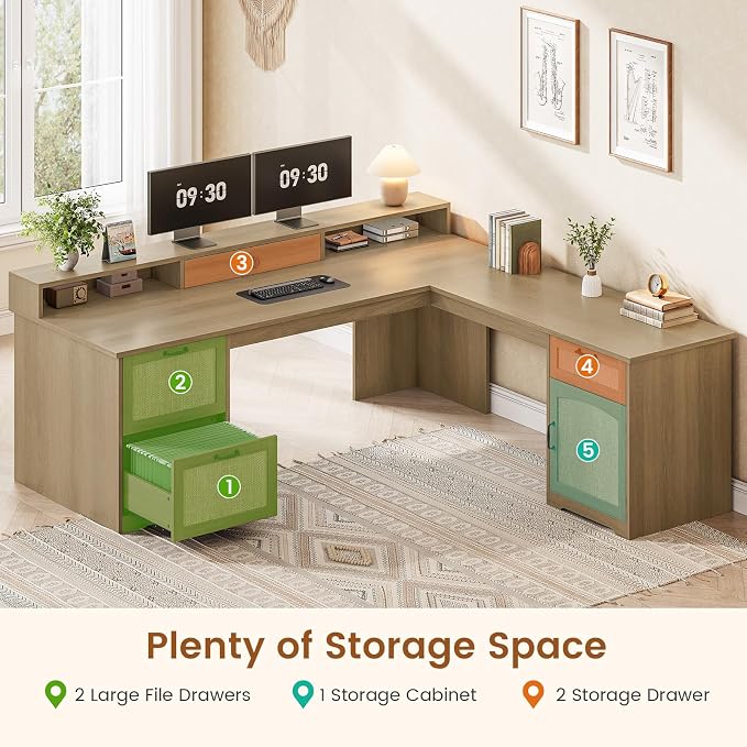 SEDETA Farmhouse 63" L Shaped Desk with Drawers and Storage Cabinet,Oak | Office Desk with File Drawers, Wood Corner Computer Desk with Storage, Home Office Desk with Monitor Stand