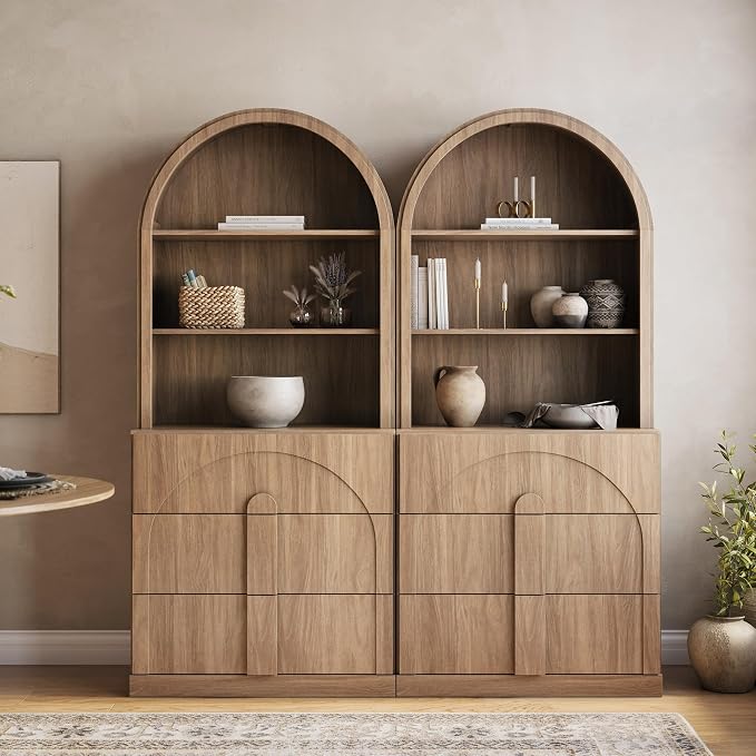 BELLEZE Arched Bookshelf with 3 Drawers Set of 2, 71" Tall Modern Wood Display Cabinet with Hutch, Modern Book Case Shelf with Storage Versatile Cupboard for Living Room Office, Camel