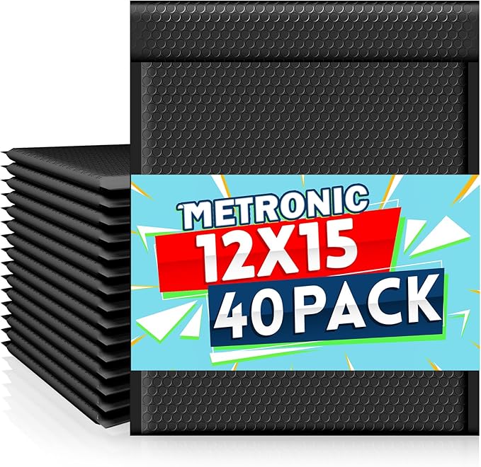Metronic Large Bubble Mailers 12x15 Inch 40 Pack Waterproof Padded Envelopes Black Bubble Envelopes Opaque Cushioning Mailer for Shipping Clothes, Books,Jewelry Makeup Supplies