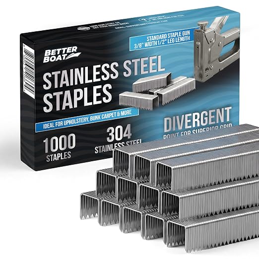 Better Boat Type T50 Stainless Steel Staples for Staple Gun, Heavy Duty | Staples Pack, Bunk Carpet, Upholstery Compatible with T-50 Staple Guns 3/8" width crown, 1000 Pack 1/2" Leg