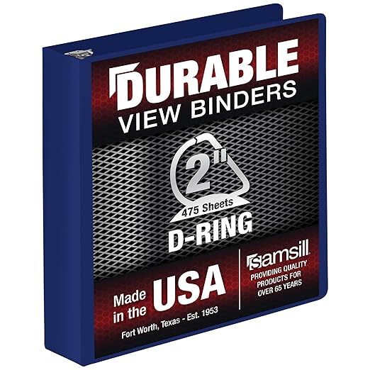 Samsill Durable 2 Inch Binder, D Ring Binder, Customizable Clear View Cover, Dark Blue, Holds 475 Pages