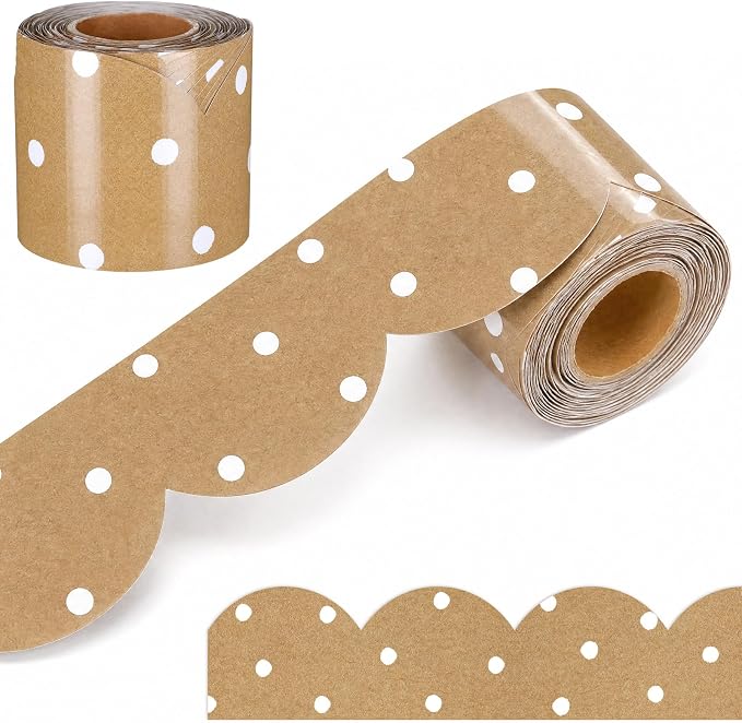 Zonon 65.6 Feet Kraft Dots Bulletin Board Border Farmhouse Scalloped Brown White Dot Border for Bulletin Board Trim Roll Classroom Decorations for Back to School Classroom Chalkboard Office Wall Decor
