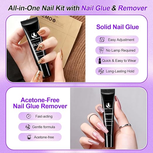 Nail Glue for Press Ons and 15g Remover with Cuticle Pusher Set, No UV Needed, Quick Dry Strong Semi Solid Glue for Press On, Long Lasting Adhesive for Fake Acrylic Nails