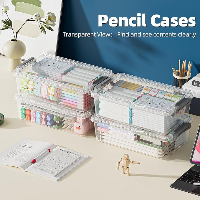 BiuLeon 4 Pack Extra Large Pencil Box, Plastic Pencil Case Organizer, Clear Crayon Box Marker Organizer, Stackable Craft Organizers and Storage for Pen, Craft, Art Supply(Blue)