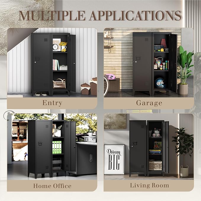 Locker Cabinet, 50" Black Small Metal Locker Storage Cabinet for Employees with Locking Door and 2 Shelves Kids Locker Tool File Cabinets for Bedroom, Home Office, Garage, Bathroom