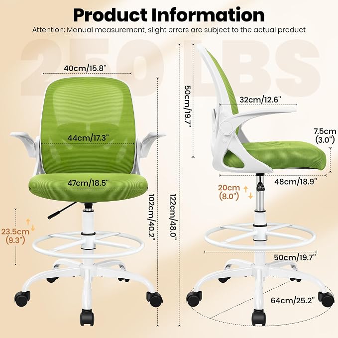 Drafting Chair Tall Office Chair with Flip-up Armrests Executive Ergonomic Computer Standing Desk Chair with Lumbar Support and Adjustable Footrest Ring (Green)
