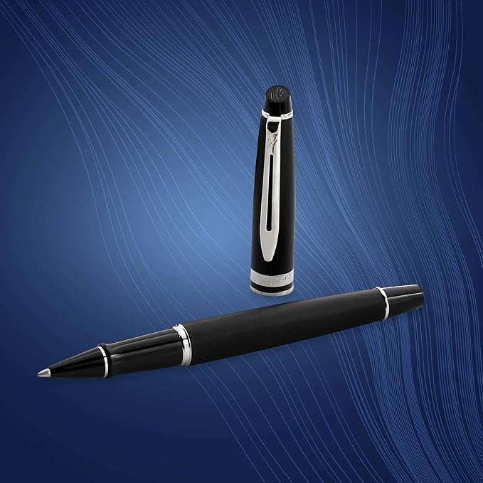 Waterman Expert Rollerball Pen Matte Black with Chrome Trim Fine Nib Black Ink Cartridge Gift Box