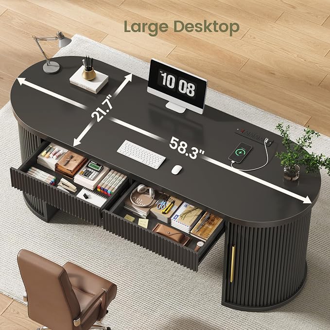 SEDETA 58.3" x 21.7" Fluted Office Executive Desk with 2 Drawers Storage | Black Long Computer Desk with 2 Sliding Doors Shelves and Power Strip, Wood Curve Desk for Work, Writing, Study