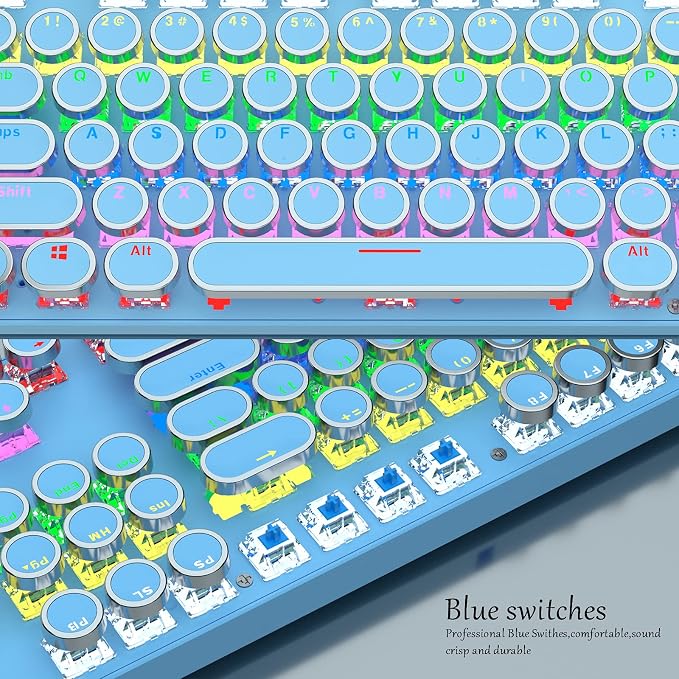 Mechanical Gaming Keyboard,87 Key Retro Punk Typewriter-Style,Blue Switch Rainbow Backlit Keyboard,Anti-Ghosting, USB Wired, for PC Laptop Desktop Computer, for Game and Office(Blue)