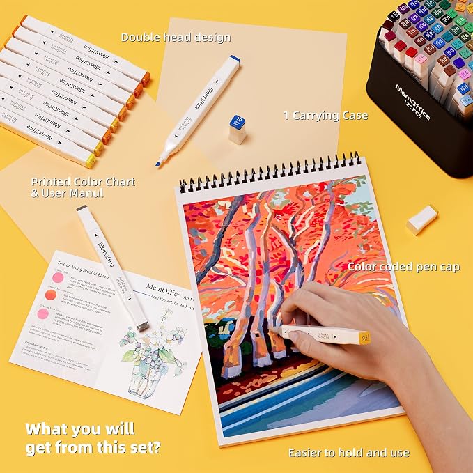 MemOffice Alcohol Markers, 100 Vibrant Colors, Dual Tip Art Markers Set | Adults, Beginners, Coloring, Drawing, Sketching, Seamless Blending, Quick-Drying Ink, Fine & Broad Tips, Color-Coded Caps