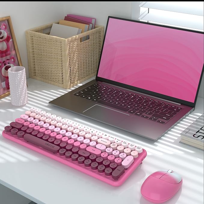 UBOTIE Wireless Keyboards and Mouse Combo (Rosy Gradient) | Colorful Gradient Rainbow Color Retro Typewriter Flexible Keyboard, 2.4GHz Connection and Optical Mouse for PC Wins Mac