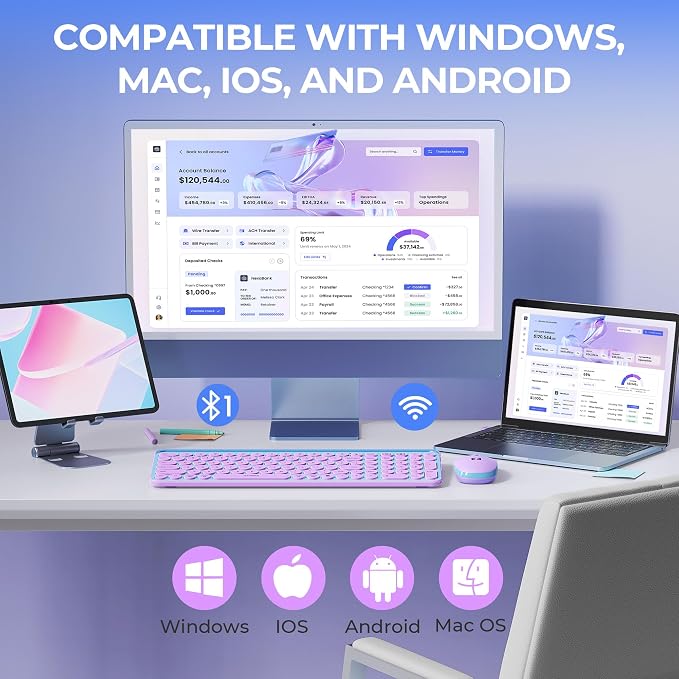 seenda CTU-301 Bluetooth Keyboard and Mouse Combo for iPad,Blue&Purple | Bluetooth+2.4G combo with tablet holder, full-size keys and quiet clicks for iPad, iPhone, Mac, Windows and Android.
